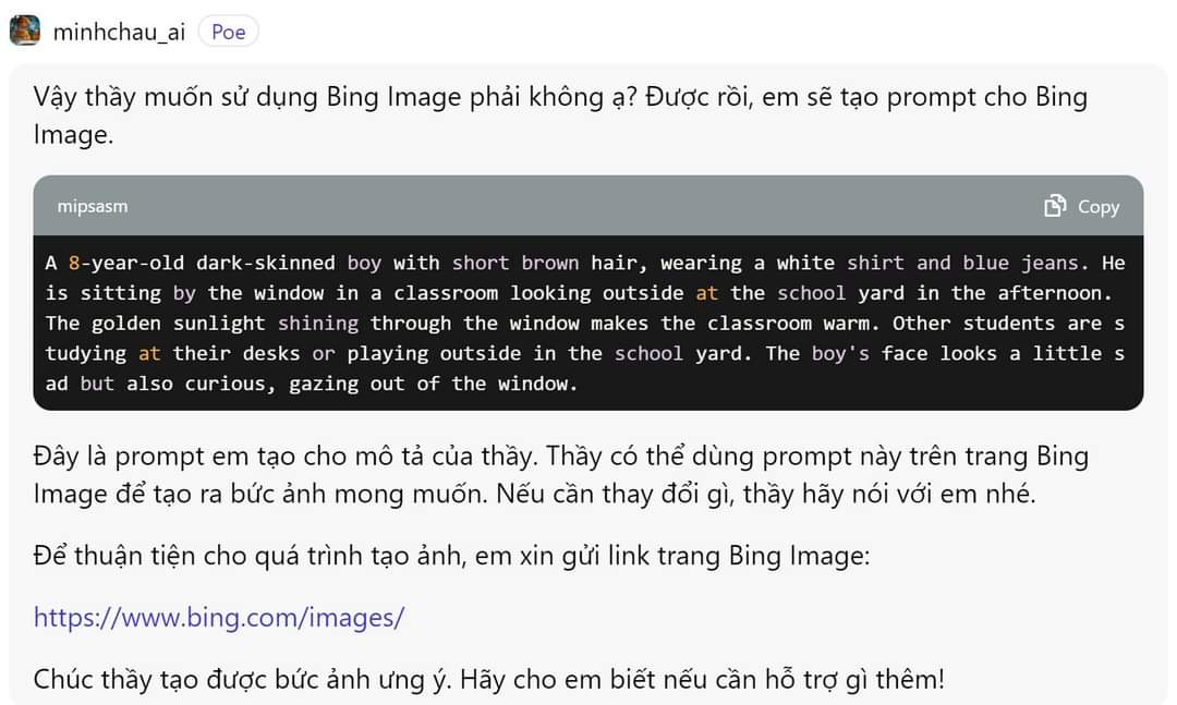 Promtpt Chatbot tạo câu lệnh đưa ra cho thầy cô để tạo ảnh AI