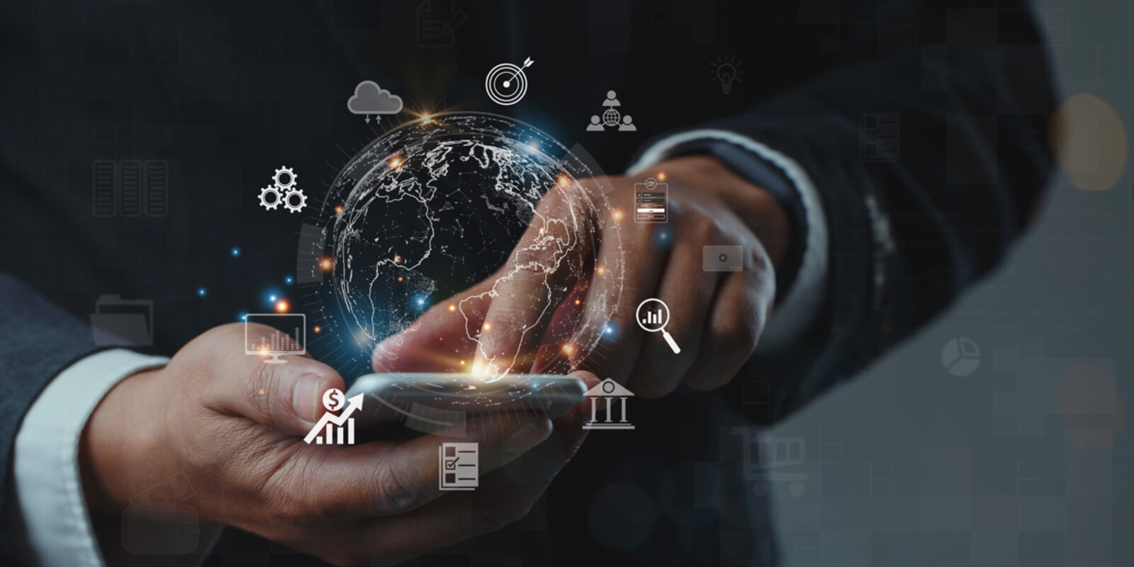Businessman using mobile smartphone shows the technology and AI for sales